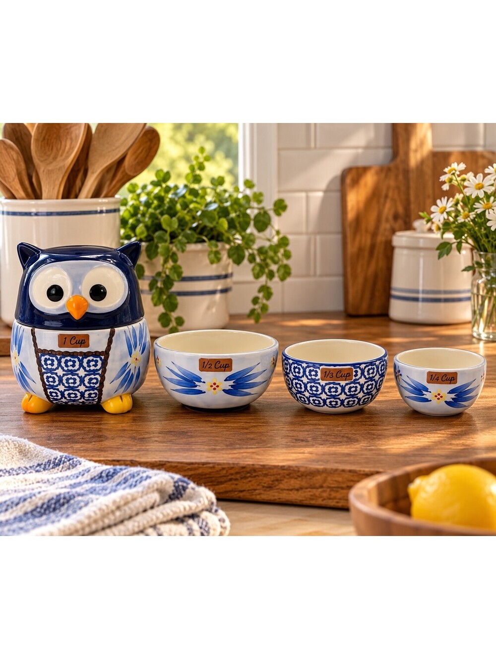 Temp-tations Old World Blue Owl Nesting Measuring Cups 4 Piece Set Tara